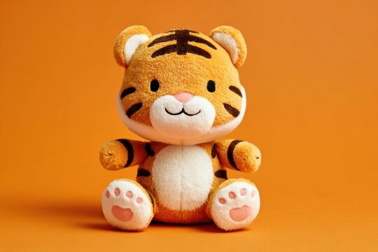 Cute Tiger Plush Toy on Orange Background