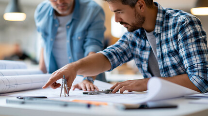 Fototapeta premium Faceless colleagues reviewing architectural blueprints together with compasses and drawing tools at office desk, architecture planning concept, engineering design photography,