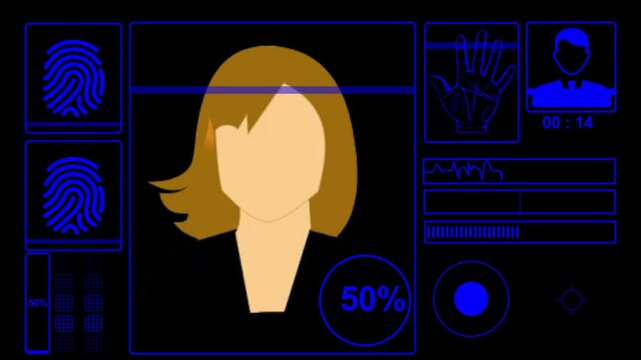 Biometric system screen shows a golden digital interface analyzing human identity through facial recognition and fingerprint scanning with data bars indicating real time progress status for security.