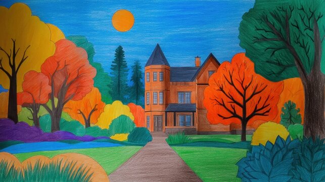 Colorful Hand Drawn Landscape with House and Trees