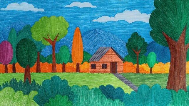 Colorful Hand Drawn Landscape with House and Trees