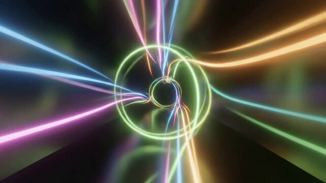Glowing Neon Light Streaks Racing Through Digital Vortex