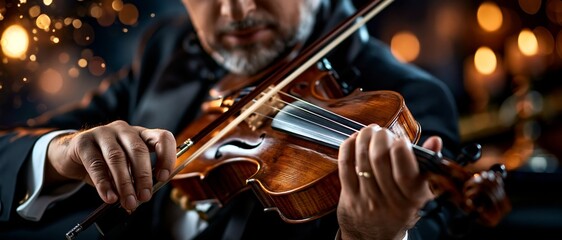 Fototapeta premium A focused musician plays a violin against a blurred bokeh background, capturing the essence of classical performance and artistic expression.