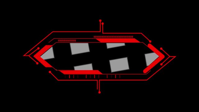 Graphic element featuring a red digital border with geometric shapes surrounding a central rectangular area designed for displaying technical data and information in a modern and sleek interface.