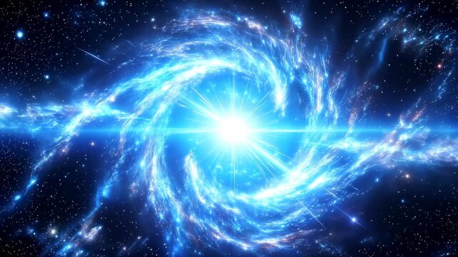 Deep space supernova explosion with bright blue light and swirling energy. Panning and tilting camera movement.