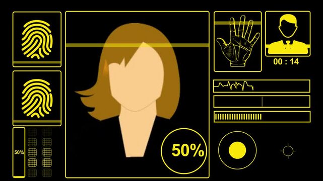 Biometric system screen shows a golden digital interface analyzing human identity through facial recognition and fingerprint scanning with data bars indicating real time progress status for security.