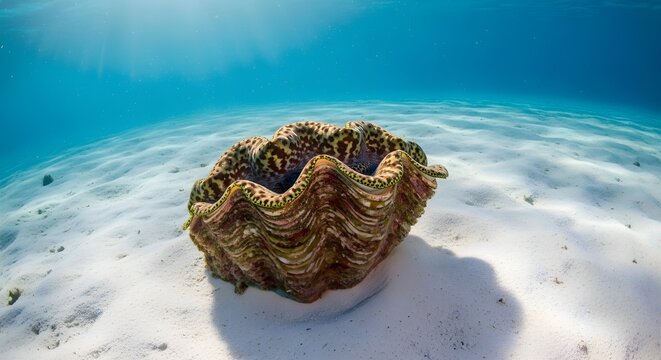 A single giant clam (Tridacna gigas) with a spotted mantle sits on a rippled white sand seabed in clear turquoise tropical water with sunlight filtering from the surface.