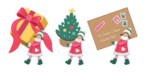 Fototapeta premium A set of New Year's vector illustrations featuring a elf from Santa's delivery service. The cartoon character carries a large gift, a Christmas tree, a letter with a child's gift wishes. Flat style