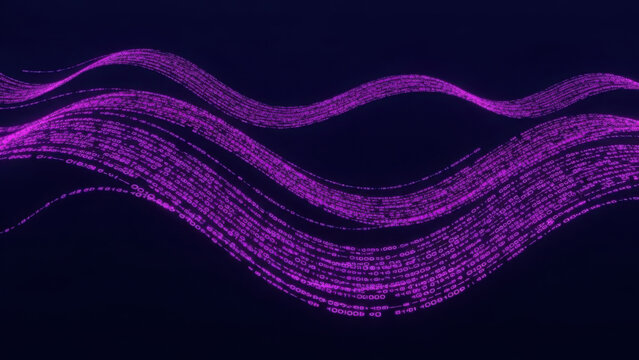 Wavy, flowing streams of binary code in vibrant purple against a dark background.