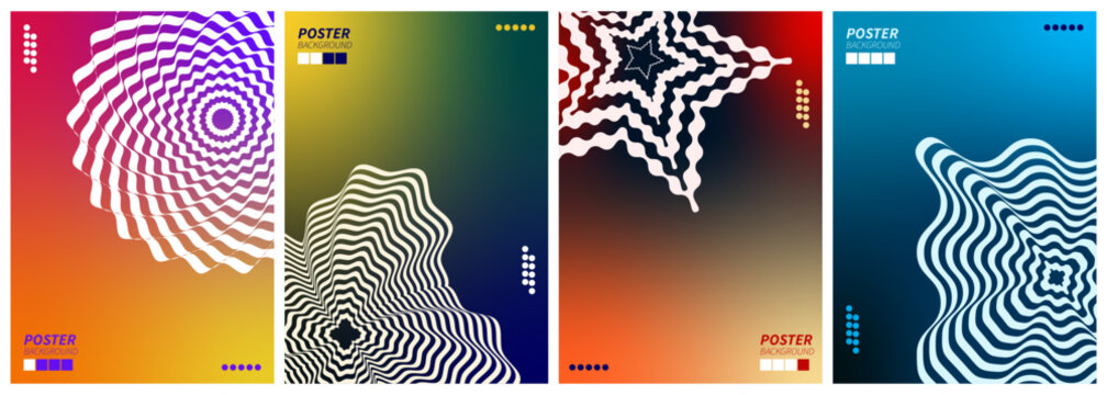 Set of colorful geometric poster designs with optical illusion patterns