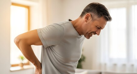 Fototapeta premium Young Adult Man Suffering Acute Lower Back Muscle Pain In Bedroom