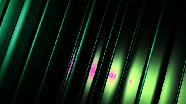 Emerald green metallic diagonal slats glowing in dark futuristic industrial environment with sleek high contrast lighting