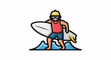 Fototapeta premium A cartoon illustration of a man wearing a yellow helmet and blue shorts holding a white surfboard