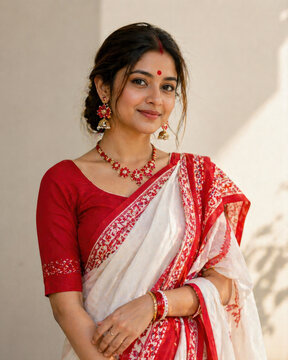 Elegant Indian Woman in Traditional Red and White Sari and Jewelry, Beautiful Young Female Portrait, Ethnic Fashion