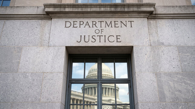 The Department of Justice (DOJ) sign is seen on the granite wall of the Robert F. Kennedy Building in Washington, DC, with a reflection of the U.S. Capitol dome visible in the window glass below.