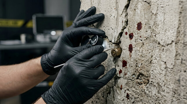 forensic investigator examining bullet casing embedded in wall at crime scene for ballistics evidence