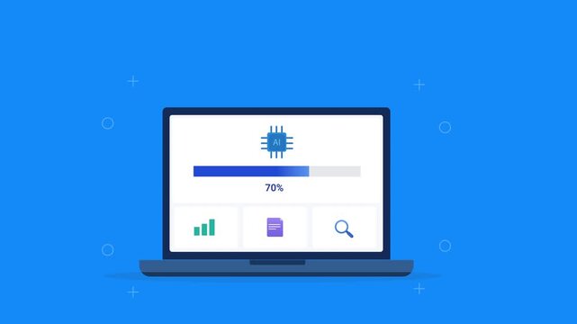 Modern flat vector animation of a laptop displaying a processor analytics interface with performance chart, search icon, and progress bar. Ideal for software, computing, and technology projects.
