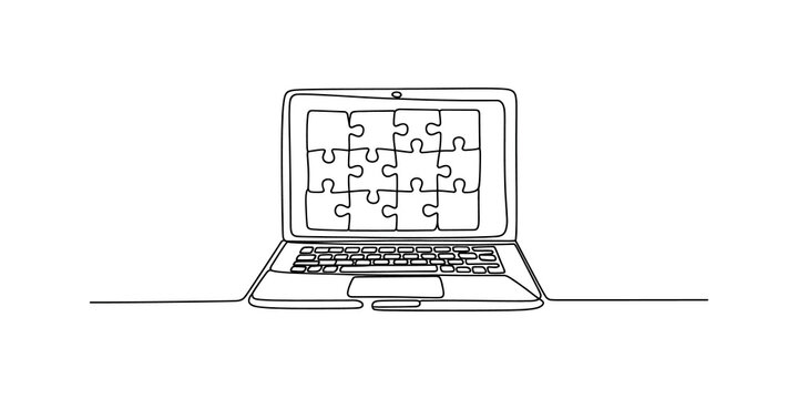 Laptop computer with a puzzle on the screen line art drawing