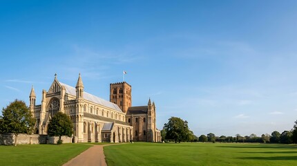 Fototapeta premium Majestic stone abbey building on a vast green lawn under blue sky