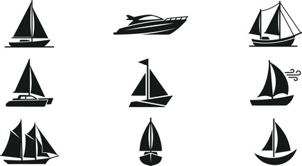 Sailboat and marine transport glyph icons set with yachts sailing vessels speedboats cruise ships and ocean travel symbols © MdNipon