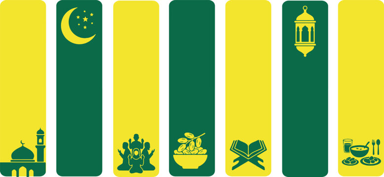Islamic cultural symbols and motifs in yellow and green vertical banners.