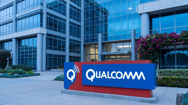 The Qualcomm logo sign is seen in front of the Irwin M. Jacobs Founders Building at the company headquarters in San Diego, California. Qualcomm is a global leader in wireless technology and chips.
