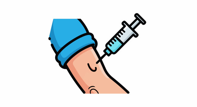 A cartoon illustration of an arm wearing a blue cap with a syringe injecting