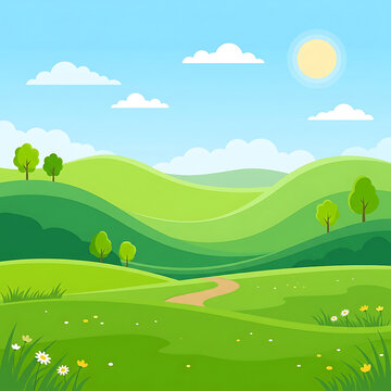 Green hills landscape with sunny sky and clouds illustration