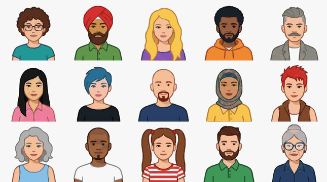 Elegant Diverse Set of 15 Stylish Flat Illustrations Showcasing Various Ages Genders Hairstyles and Ethnicities with Distinctive Clothing and Accessories