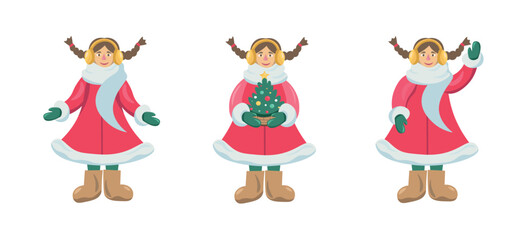 Fototapeta premium A set of Christmas vector illustrations featuring a cute elf from Santa's delivery service. The cartoon character, with various hand positions, is flat. With a Christmas tree on Christmas Eve. Vector