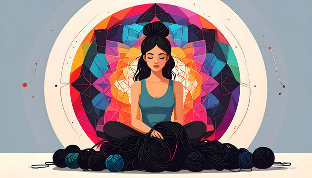 Person knitting messy black lines into perfectly ordered rainbow mandala structures creating geometric healing peaceful atmosphere generative AI