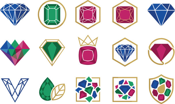 Luxury gemstone and diamond icon collection featuring precious gems, jewels, royal emblems, crystal symbols, and premium jewelry design elements