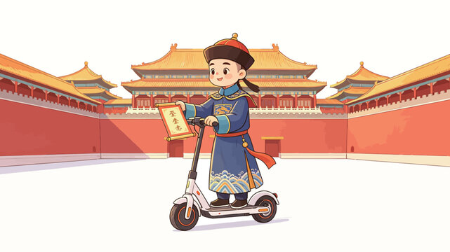 A cheerful cartoon character in traditional Qing Dynasty court official attire rides a modern white electric scooter while holding a ceremonial scroll across a vast palace courtyard