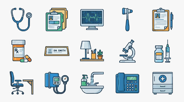 Elegant Colorful Set of Medical and Healthcare Office Icons with Stethoscope Prescriptions and Clinic Tools