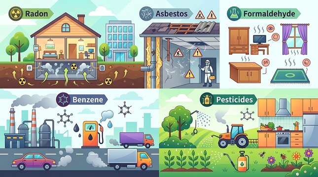 Educational diagram showing common environmental toxins and pollutants