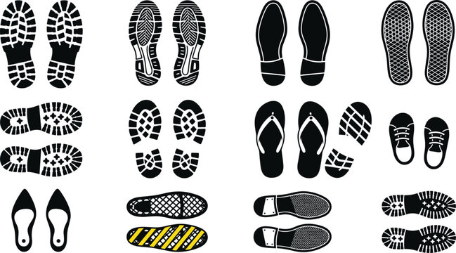 Shoe footprint glyph icons set with boot sole prints textures flip flops heels sneakers and step tracks