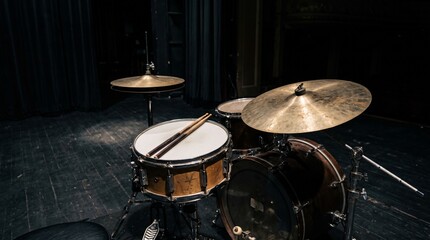 Obraz premium A close-up view of a drum kit set up on a dimly lit stage, ready for a performance