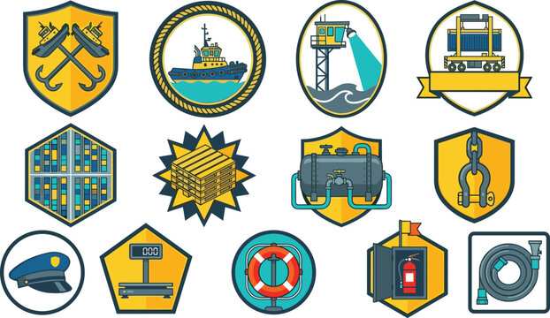 Maritime logistics and port operations badge collection featuring cargo handling, container terminal, offshore crane, shipping security, and industrial emblems
