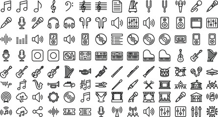 Music line icon set with musical instruments audio notes recording studio equipment microphone and sound linear symbols © MdNipon
