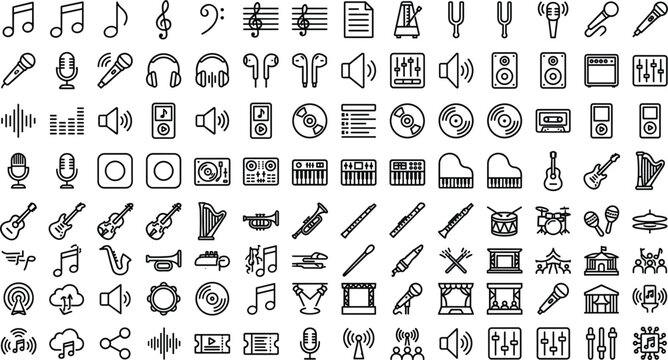 Music line icon set with musical instruments audio notes recording studio equipment microphone and sound linear symbols
