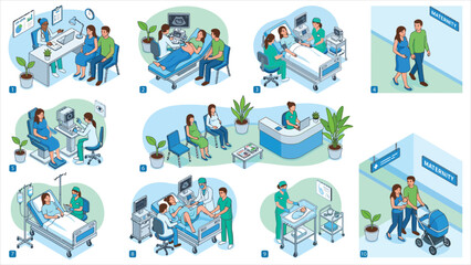 Fototapeta premium Pregnancy Maternity and Childbirth Isometric Vector Icon Set with Medical Consultation Ultrasound Screening Delivery and Newborn Care Scenes.