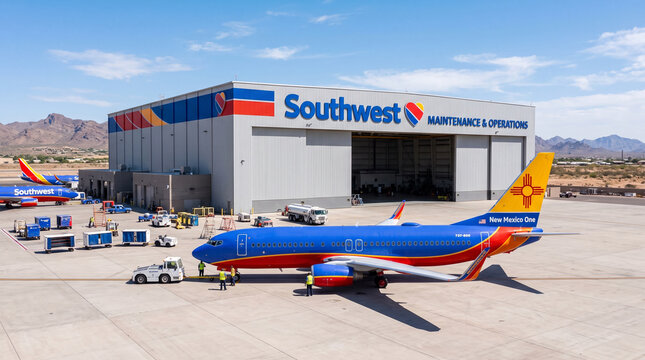 A Boeing 737-800 aircraft operated by Southwest Airlines, featuring the New Mexico One special livery, is seen outside a Southwest Maintenance and Operations hangar facility on the airport apron.