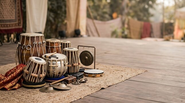 Collection of traditional percussion instruments on a wooden stage