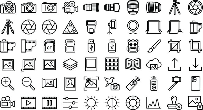 Photography line icon set with camera lens tripod studio lighting video and media editing linear outline symbols