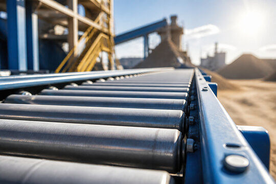 A close-up of a conveyor belt system in an industrial setting with piles of earth or aggregate visible in the background.