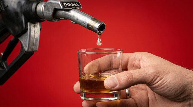 A close-up shot of a diesel fuel nozzle dripping oil into a small clear glass held by a person Isolated on