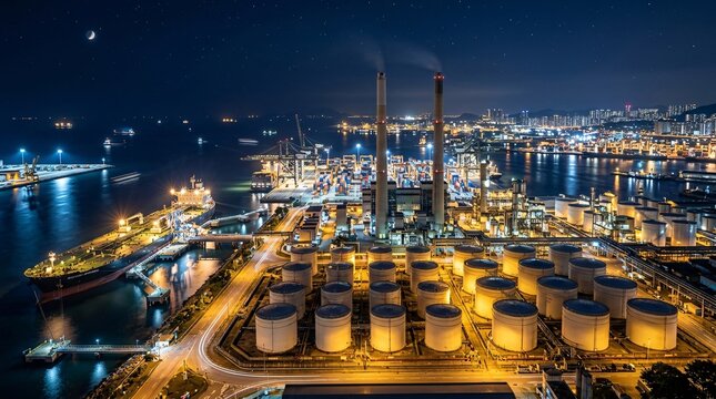 A serene night view of a sprawling industrial refinery port with storage tanks and a large docked tanker