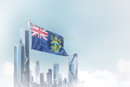 Pitcairn Islands flag waving with modern futuristic buildings. UK national flag for independence day.
