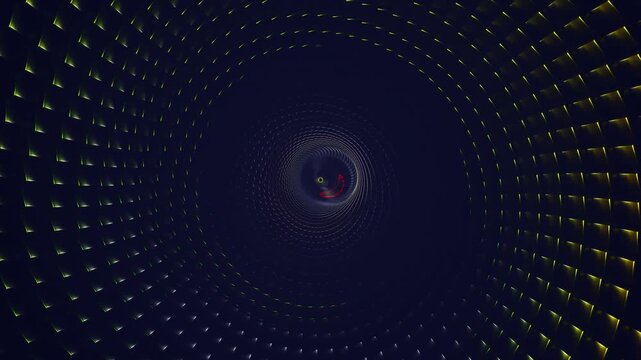 Geometric block tunnel with rotating patterns of vibrant red and orange neon light. 3D rendering