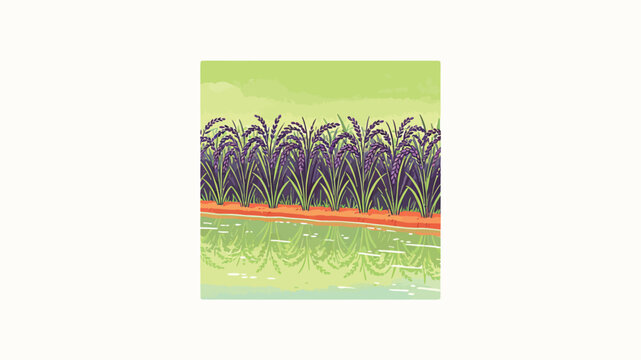 Vibrant Digital Illustration of Purple Rice Fields Reflecting on Calm Water Under a Soft Lime Green Sky with Minimalist Composition